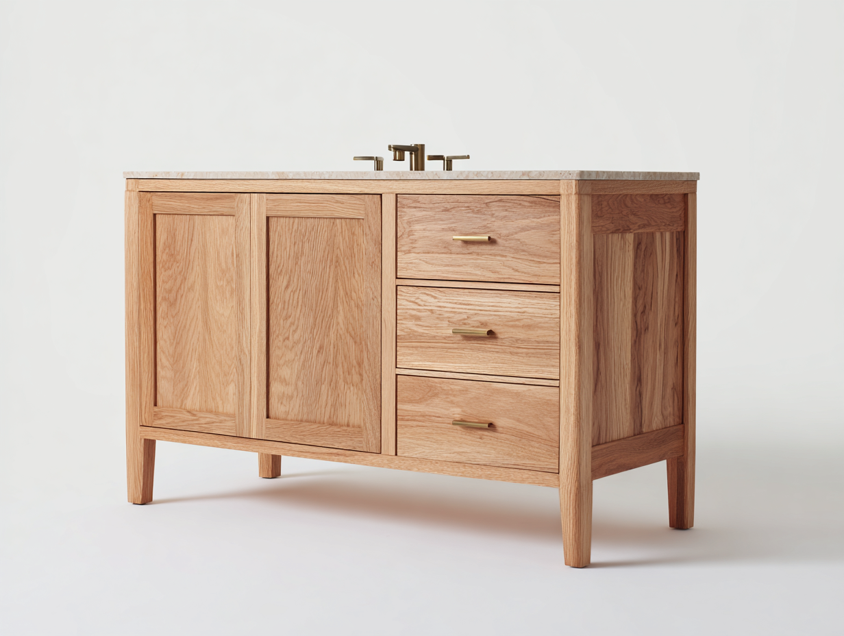 Badezimmer-Waschtisch 120×50×82 cm Eichefarben mit Marmoroptik Platte und Türen im Landhausstil-Faraocorner