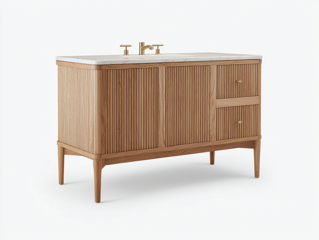 Badezimmer-Waschtisch 120×48×80 cm Holzoptik mit geriffelter Front und weißer Steinplatte moderner Stil-Faraocorner