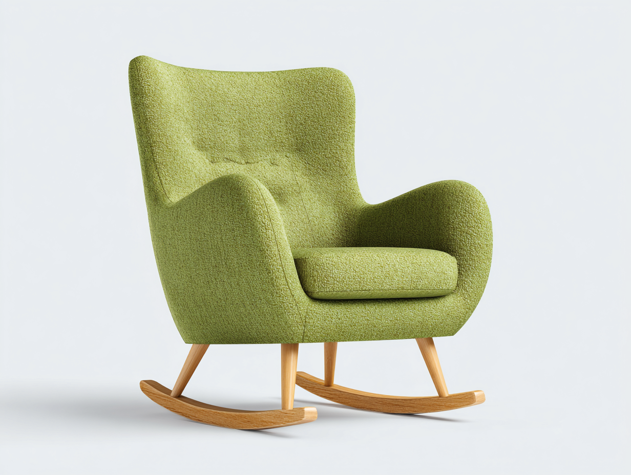 Schaukelstuhl-Bouclé-Stoff-Holz-78×92×96 cm-Lindgrün/Natur-organische Hochlehne fürs Arbeitszimmer-Faraocorner