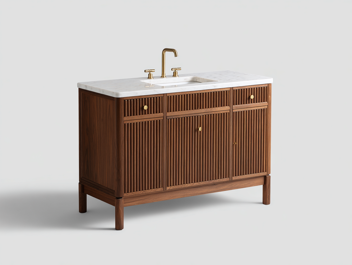 Badezimmer-Waschtisch 120×48×80 cm Holzoptik mit vertikaler Rillenfront und weißer Steinoberfläche klassischer Badstil-Faraocorner