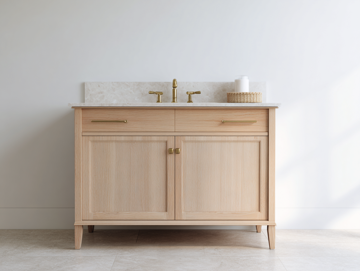 Badezimmer-Waschtisch 120×50×85 cm helles Holz mit weißer Steinoptik Platte und klassischem Stauraum-Faraocorner