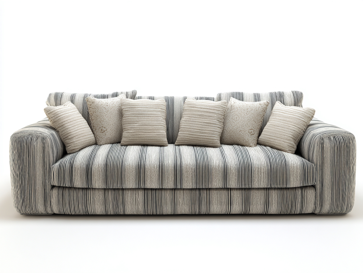Stoffsofa 270×110×76 cm – Grau/Creme/Schwarz – bodennahe Streifenoptik mit breiten Armlehnen für das Wohnzimmer-Faraocorner