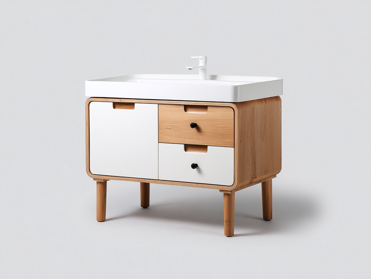 Badezimmer-Waschtisch aus Holzwerkstoff 90×48×85 cm – Weiß/Natur – 1 Tür und 2 Schubladen-Faraocorner