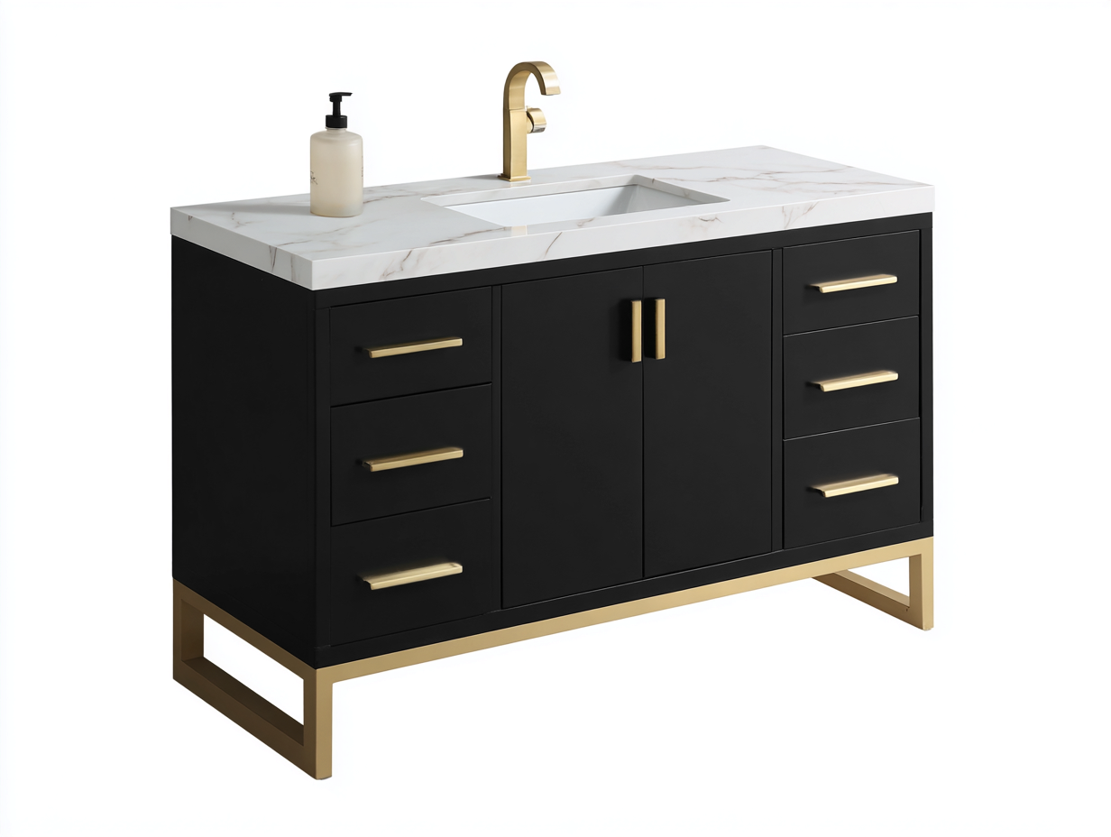 Badezimmer-Waschtisch 120×50×85 cm schwarz mit Marmordesign Arbeitsplatte und goldenen Griffen modern-Faraocorner