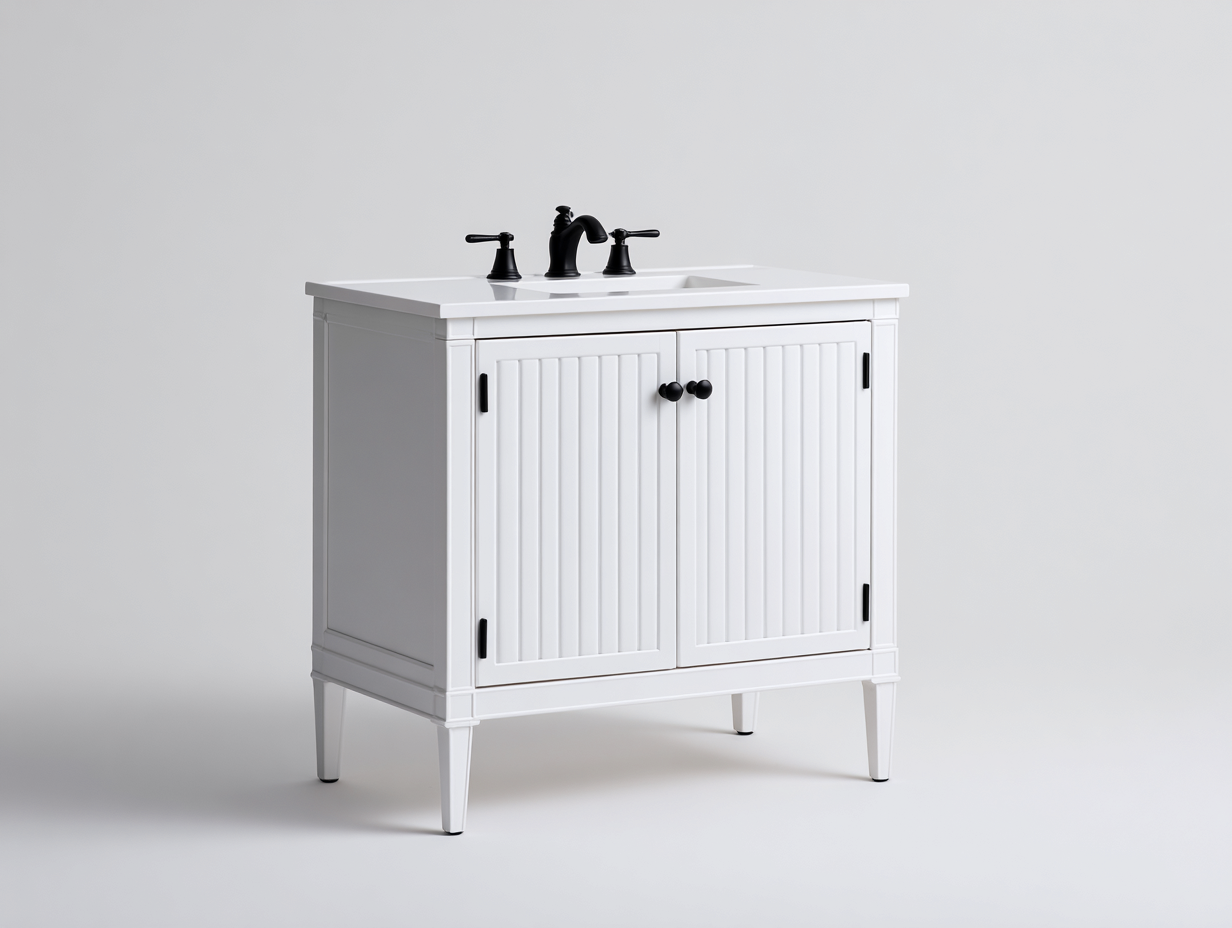Badezimmer-Waschtisch aus Holzwerkstoff 90×48×86 cm – Weiß/Schwarz – Keramikbecken mit 2 Türen-Faraocorner