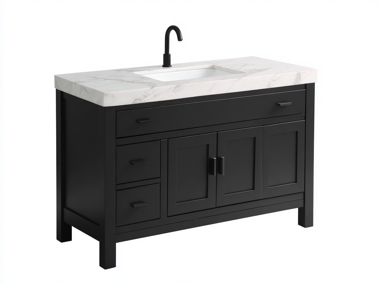 Badezimmer-Waschtisch 120×50×85 cm schwarz mit weißer Marmoroptik Platte und Schubladen modern-Faraocorner
