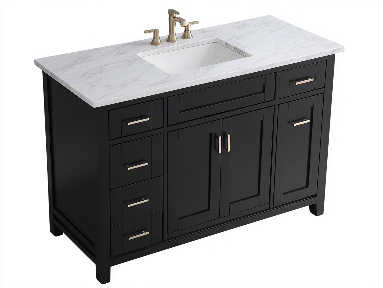 Badezimmer-Waschtisch 135×50×85 cm schwarz mit Marmorplatte und geräumigem Unterschrank für Bad-Faraocorner