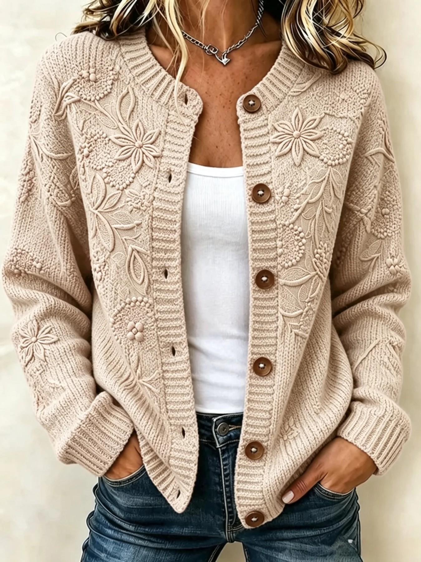 🔥 2026 Autumn 50% Off Sale 🔥 Women's Floral Long-Sleeve Crew-Neck Cardigan