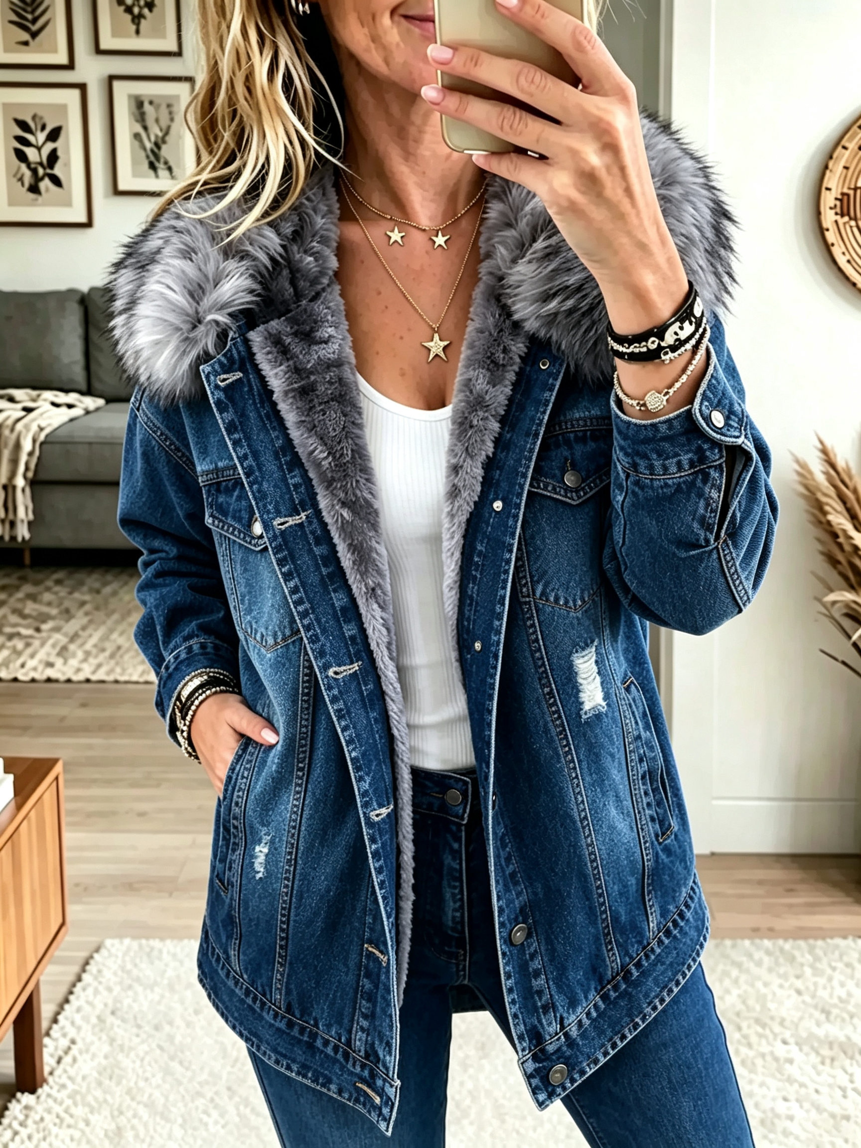 🔥LAST DAY 50% OFF🔥Women's Faux Fur Collar Fleece-Lined Denim Jacket