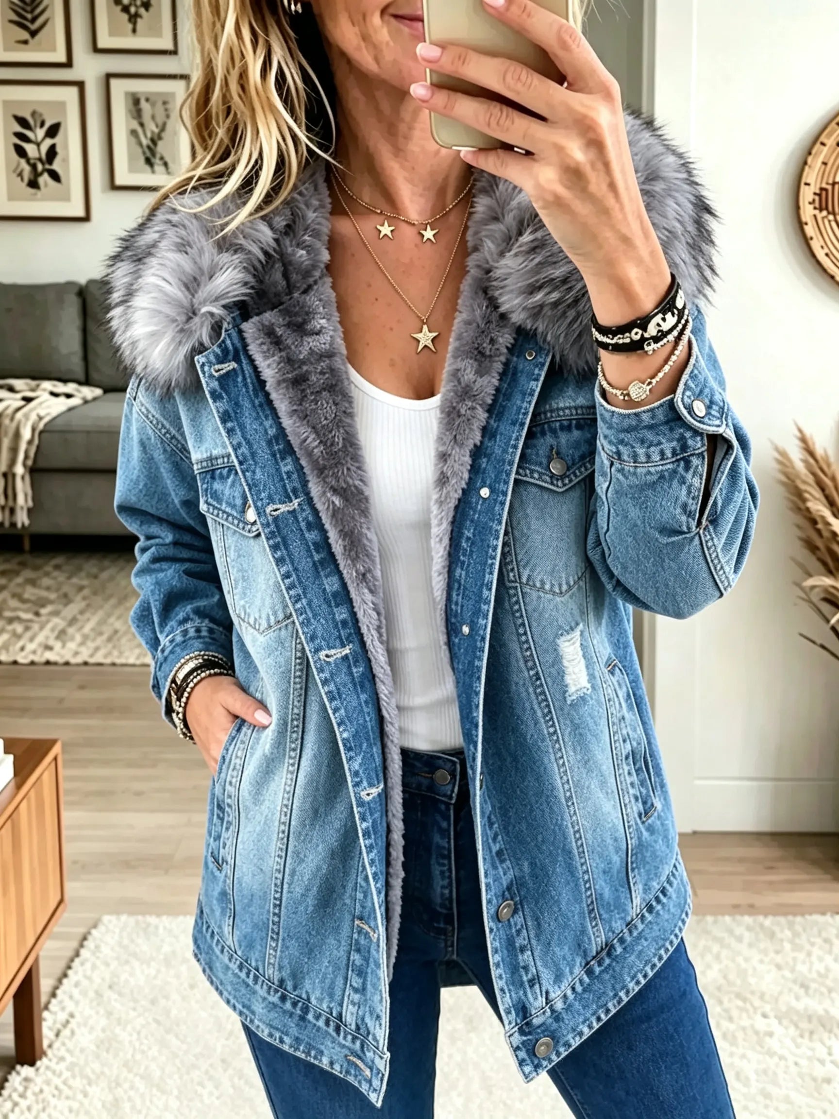 🔥LAST DAY 50% OFF🔥Women's Faux Fur Collar Fleece-Lined Denim Jacket