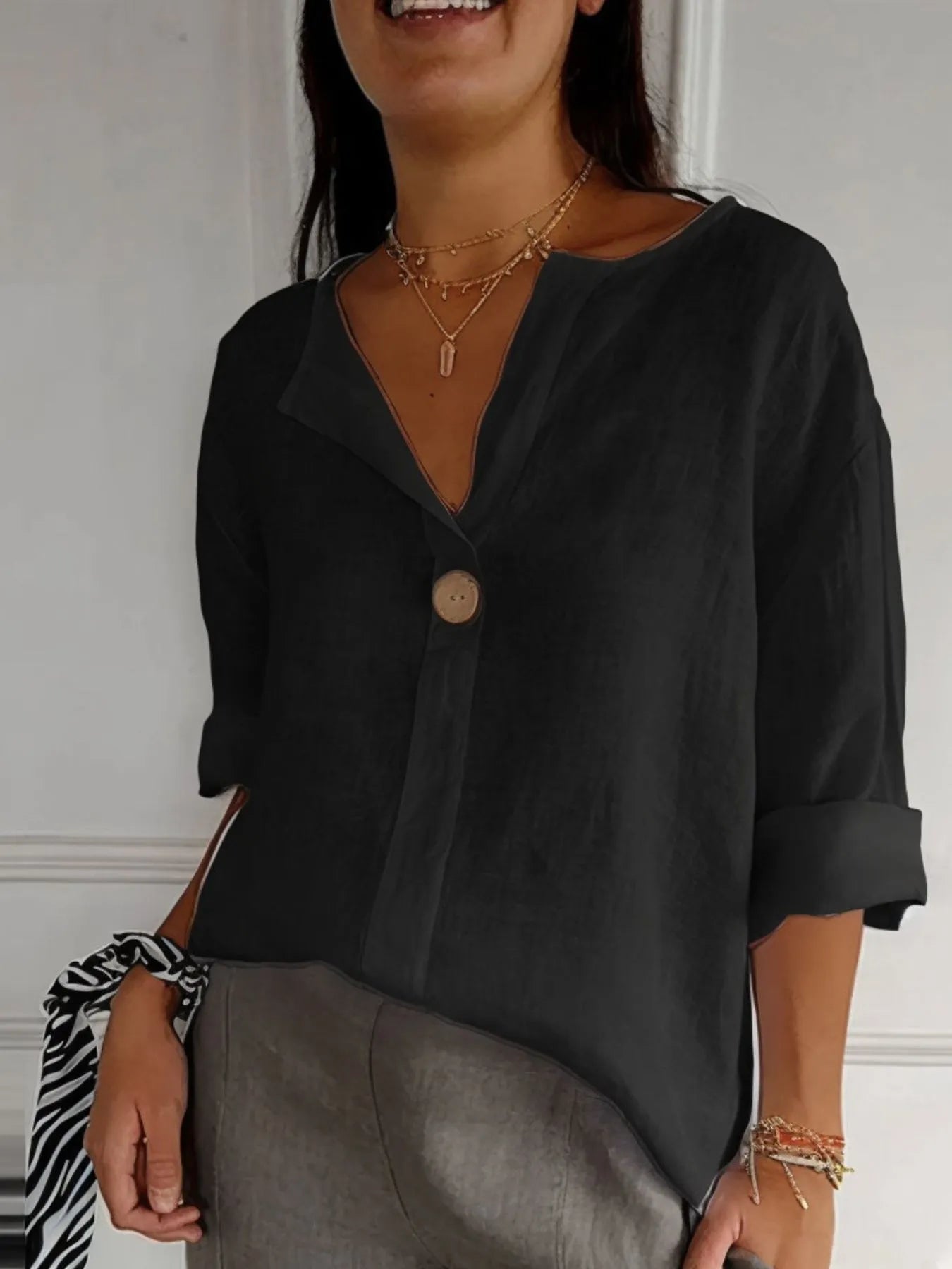 Full Size Linen Blend Notched Blouse Plus Size