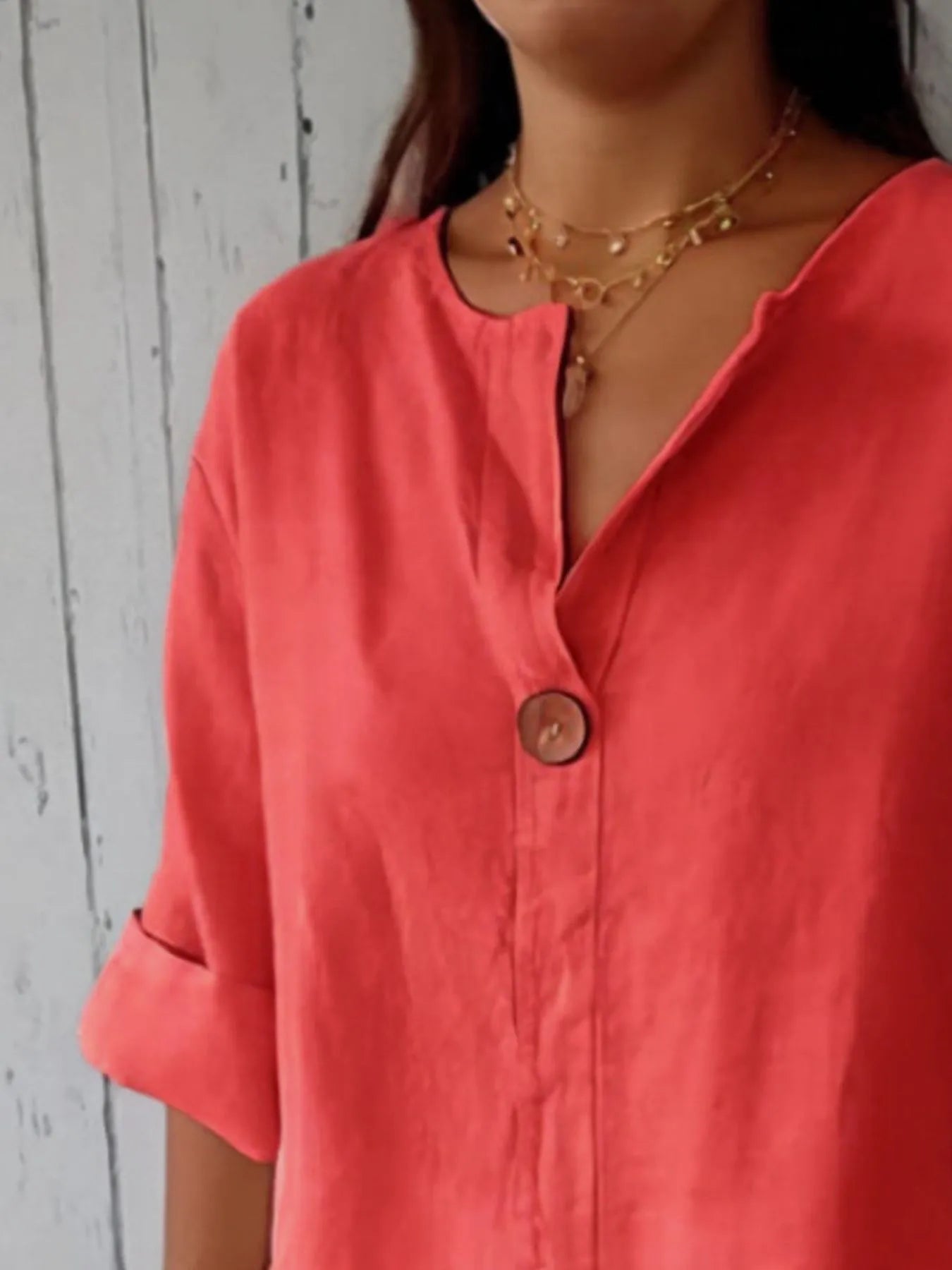 Full Size Linen Blend Notched Blouse Plus Size