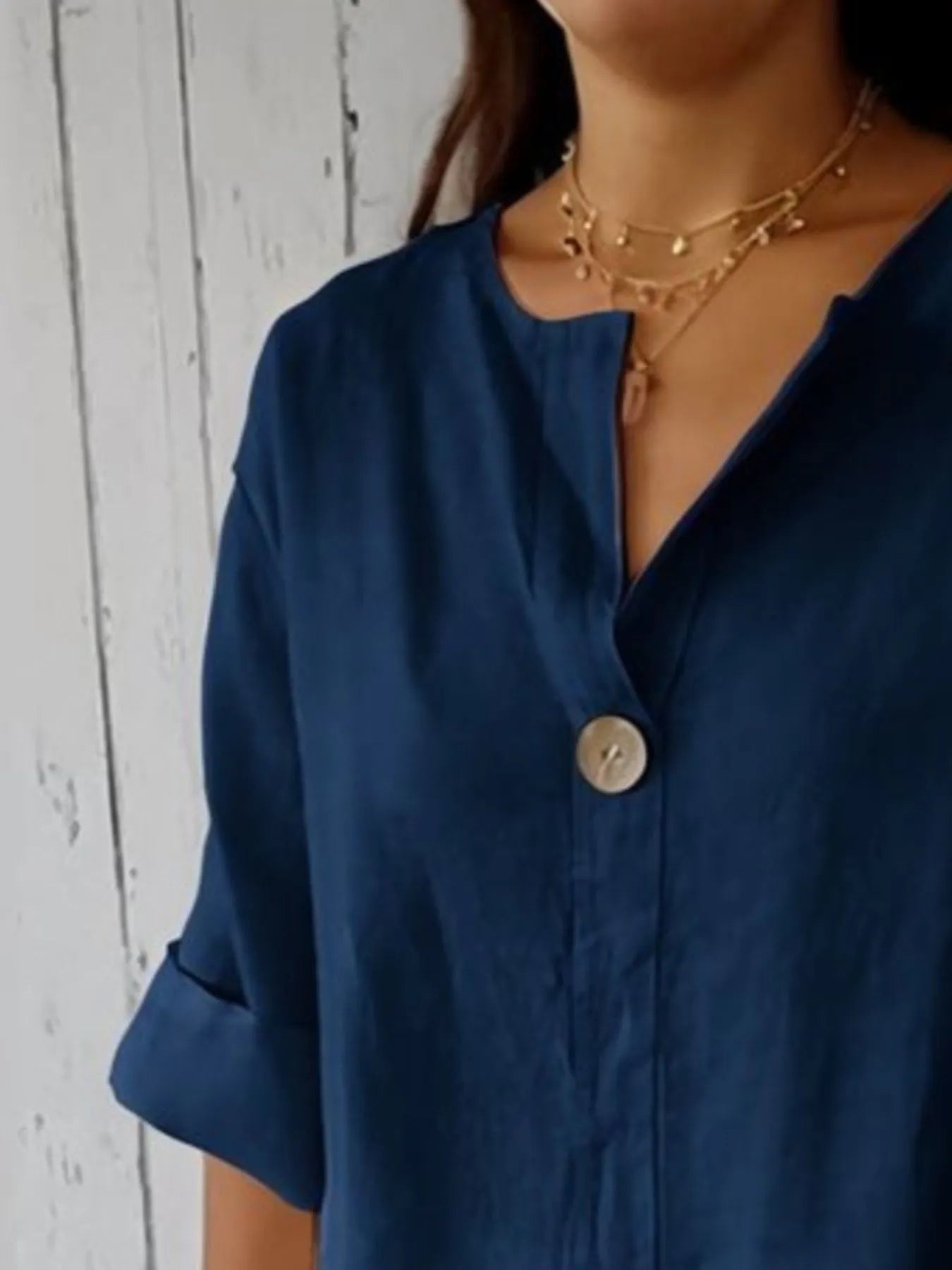 Full Size Linen Blend Notched Blouse Plus Size