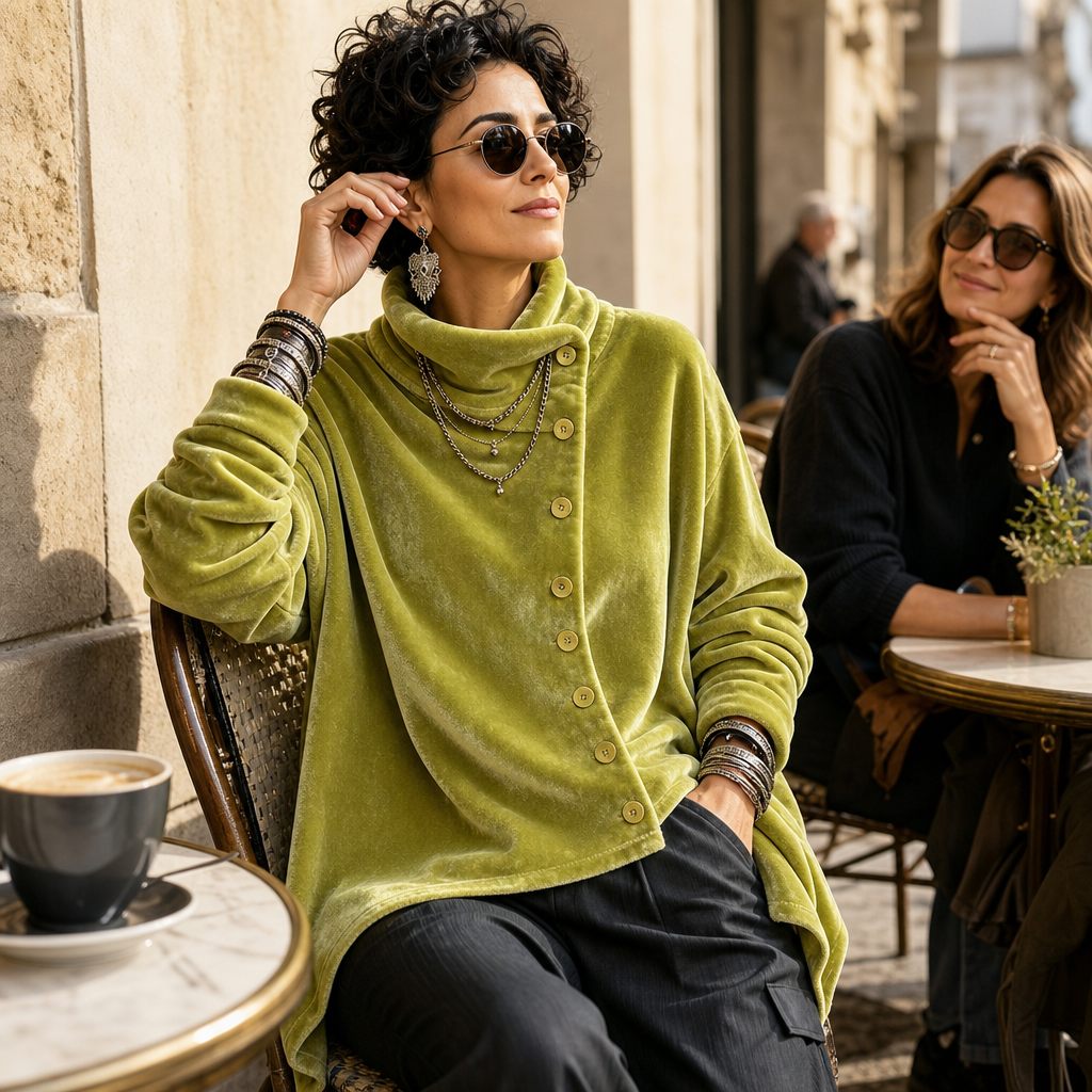 New product launch – Asymmetric Button Velvet Turtleneck Top