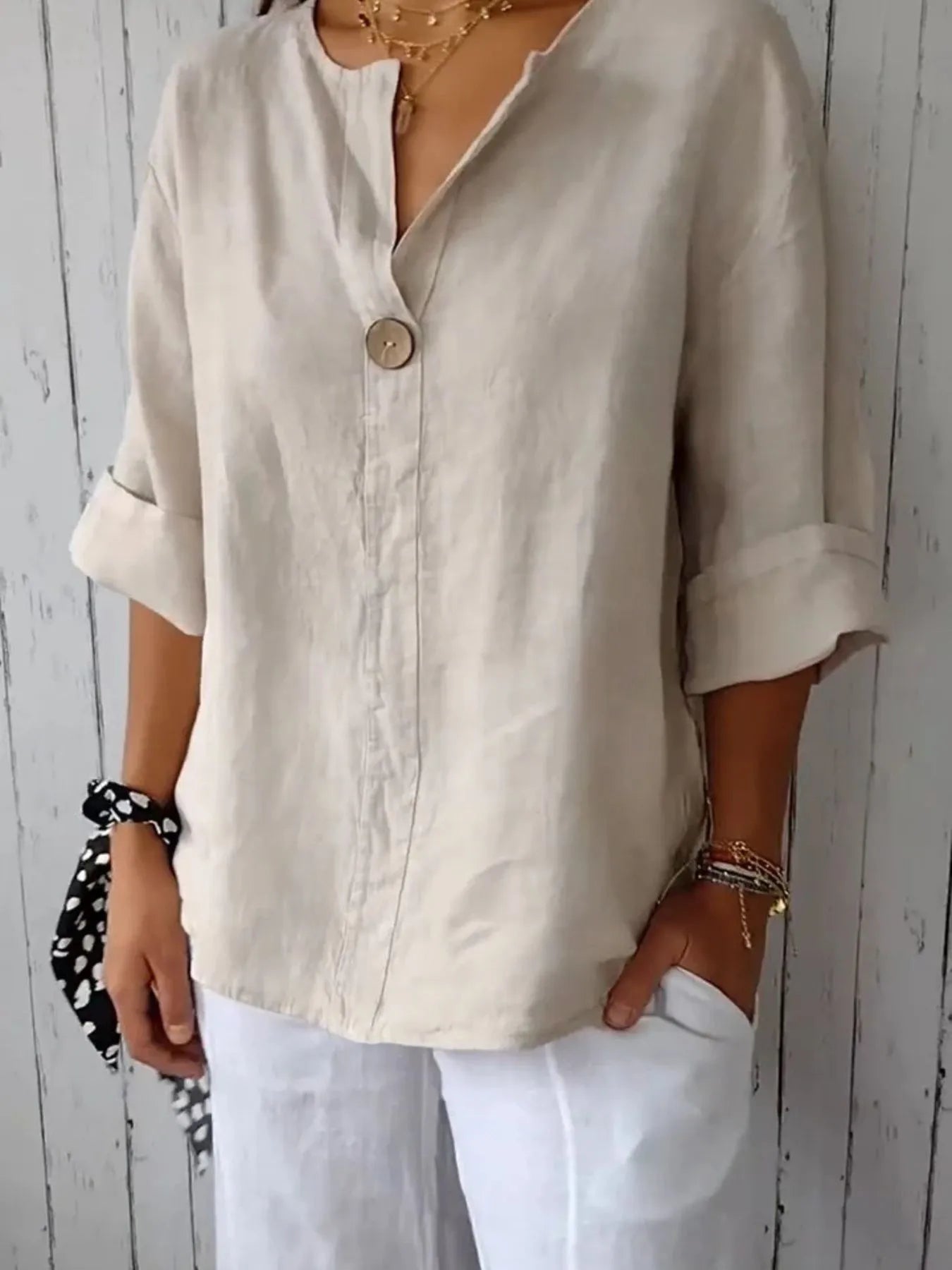 Full Size Linen Blend Notched Blouse Plus Size