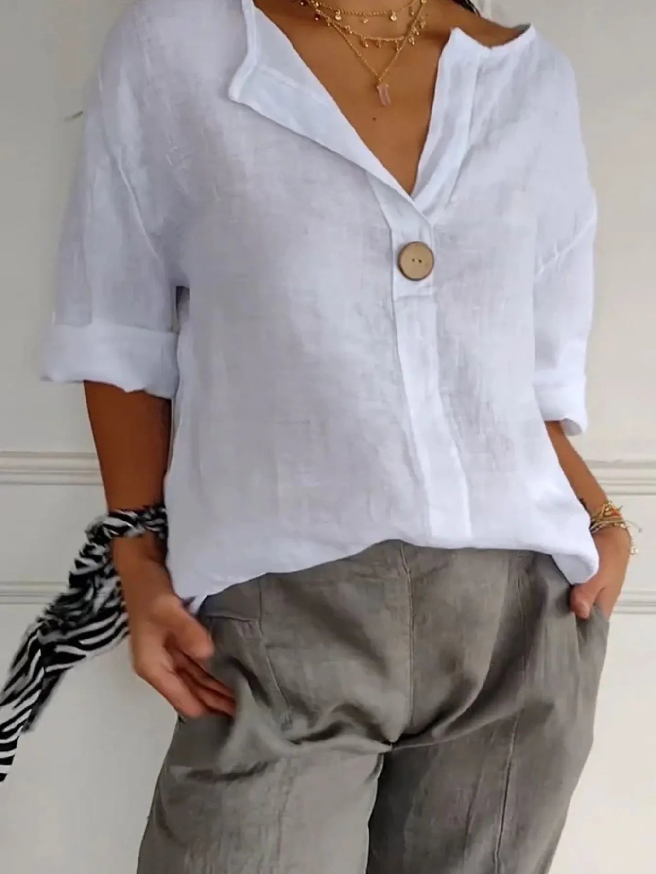 Full Size Linen Blend Notched Blouse Plus Size