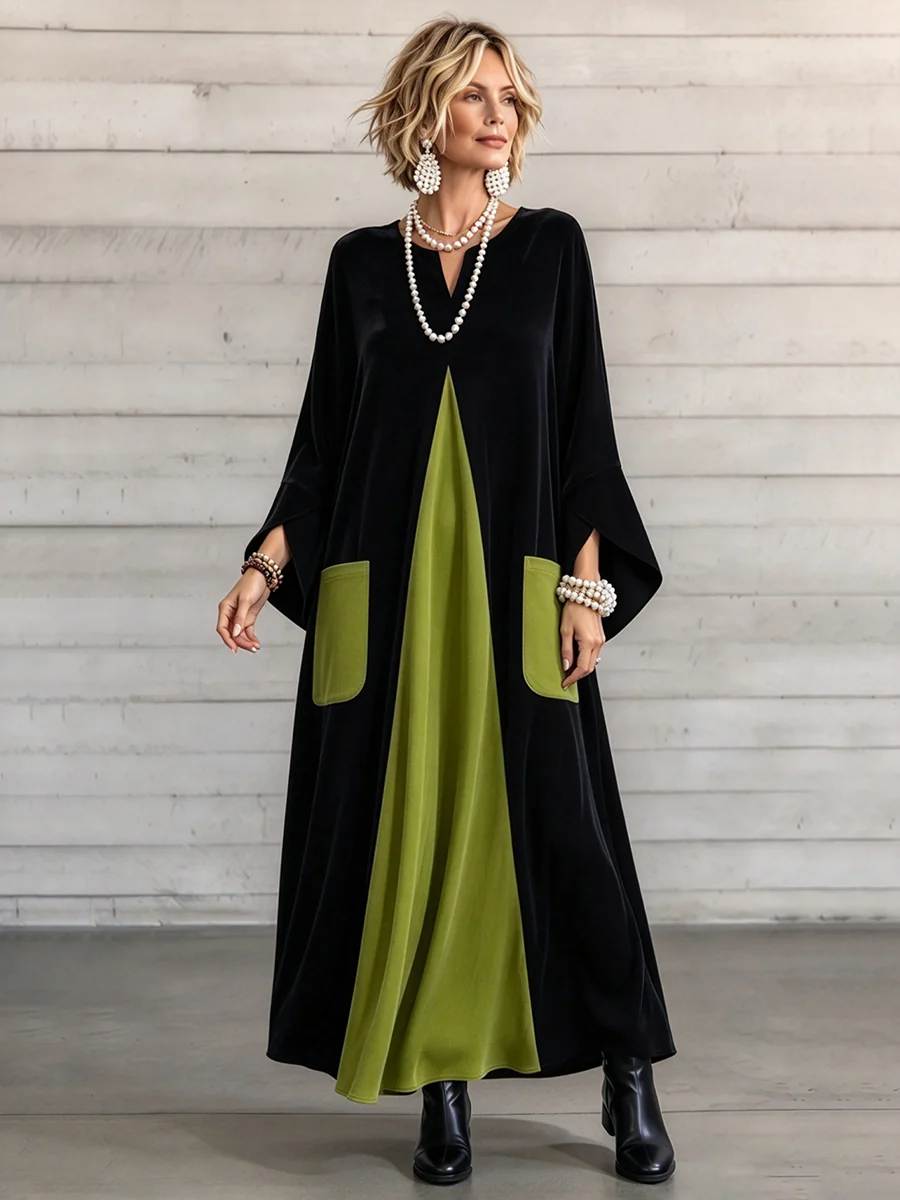 Elegant Artistic Cut Color-block Velvet Dress
