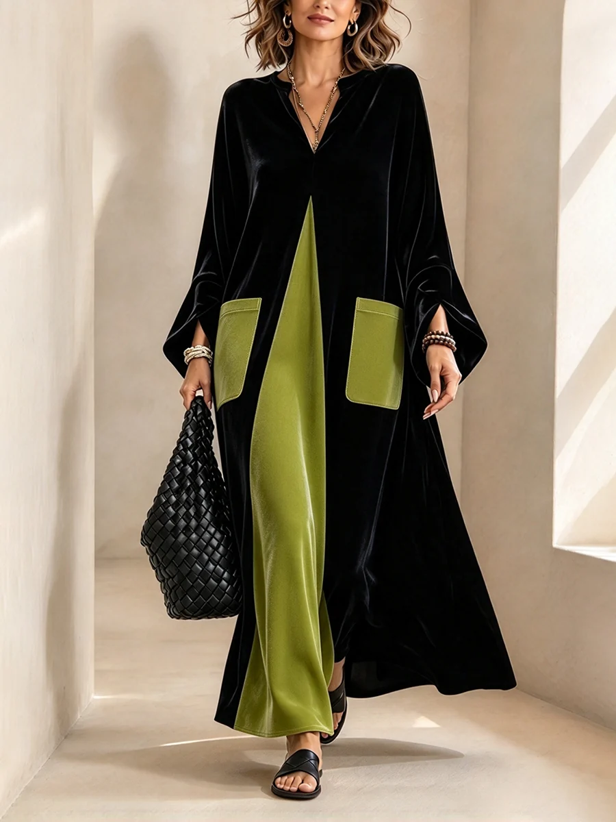 Elegant Artistic Cut Color-block Velvet Dress