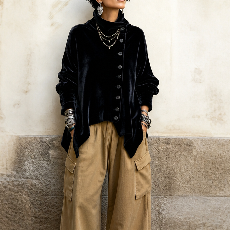 New product launch – Asymmetric Button Velvet Turtleneck Top