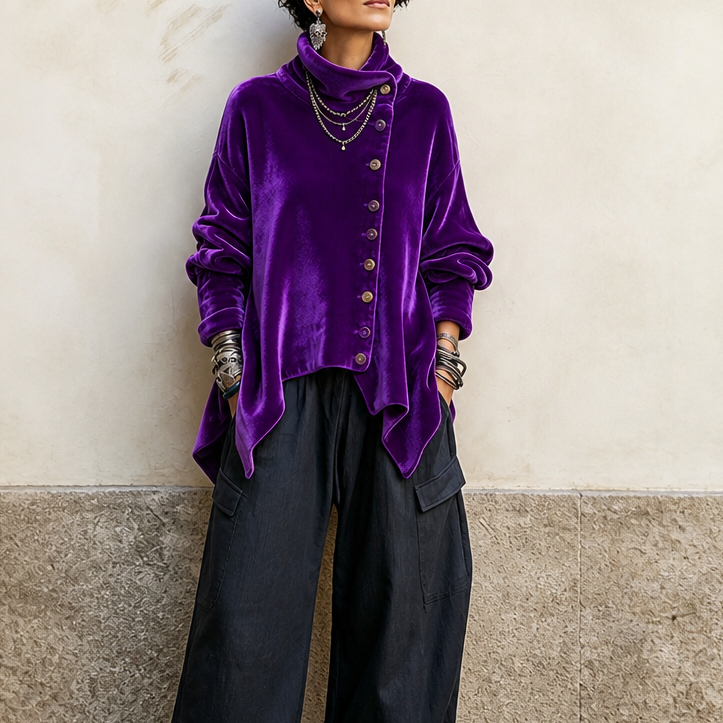 New product launch – Asymmetric Button Velvet Turtleneck Top