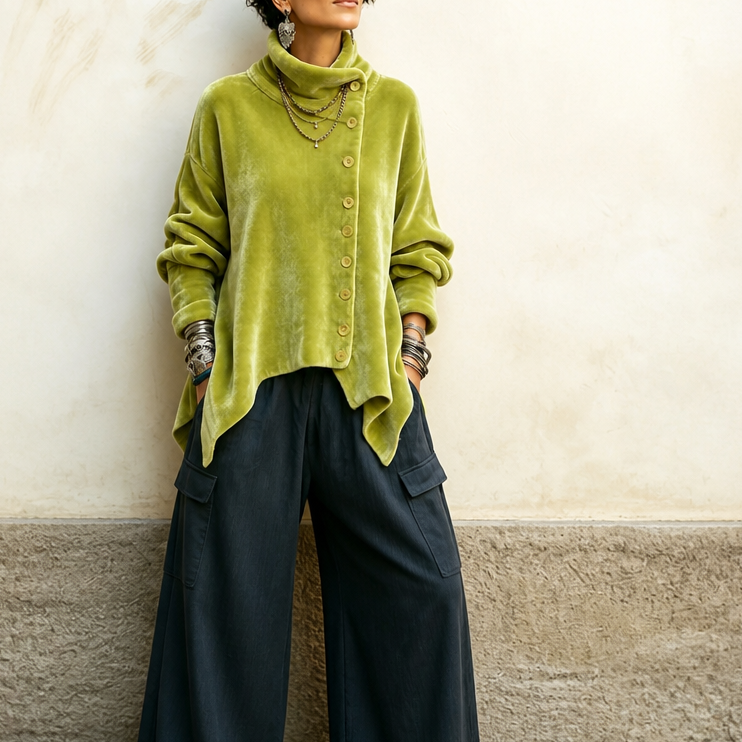 New product launch – Asymmetric Button Velvet Turtleneck Top