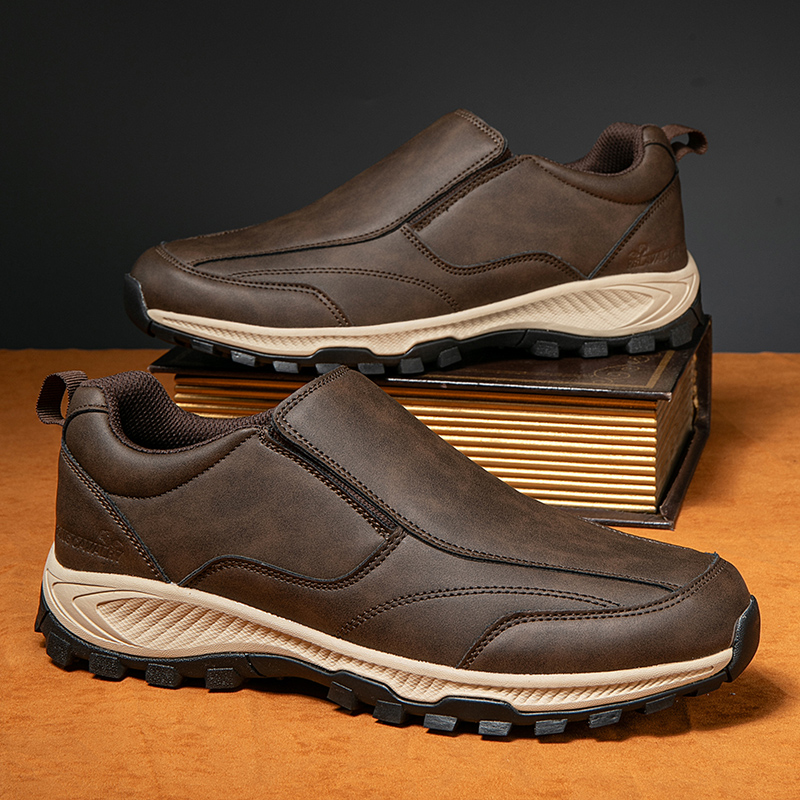 MEN'S COMFORTABLE GENUINE LEATHER SLIP-ON SNEAKERS WITH ARCH SUPPORT AND SHOCK ABSORPTION