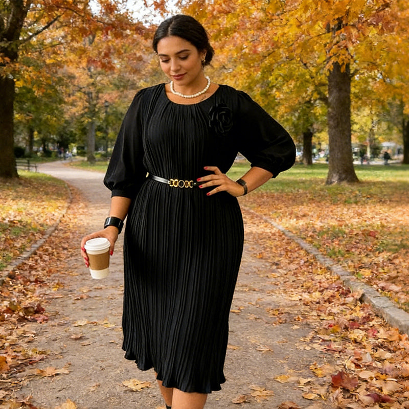 Women's 3/4 Sleeve Pleated Midi Dress with Belt
