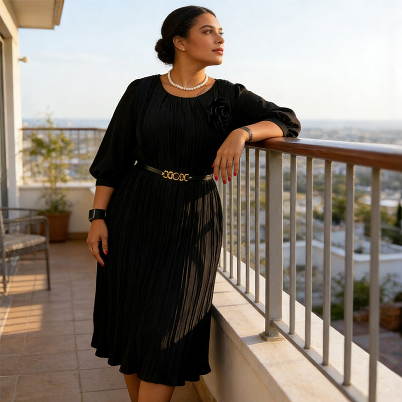 Women's 3/4 Sleeve Pleated Midi Dress with Belt
