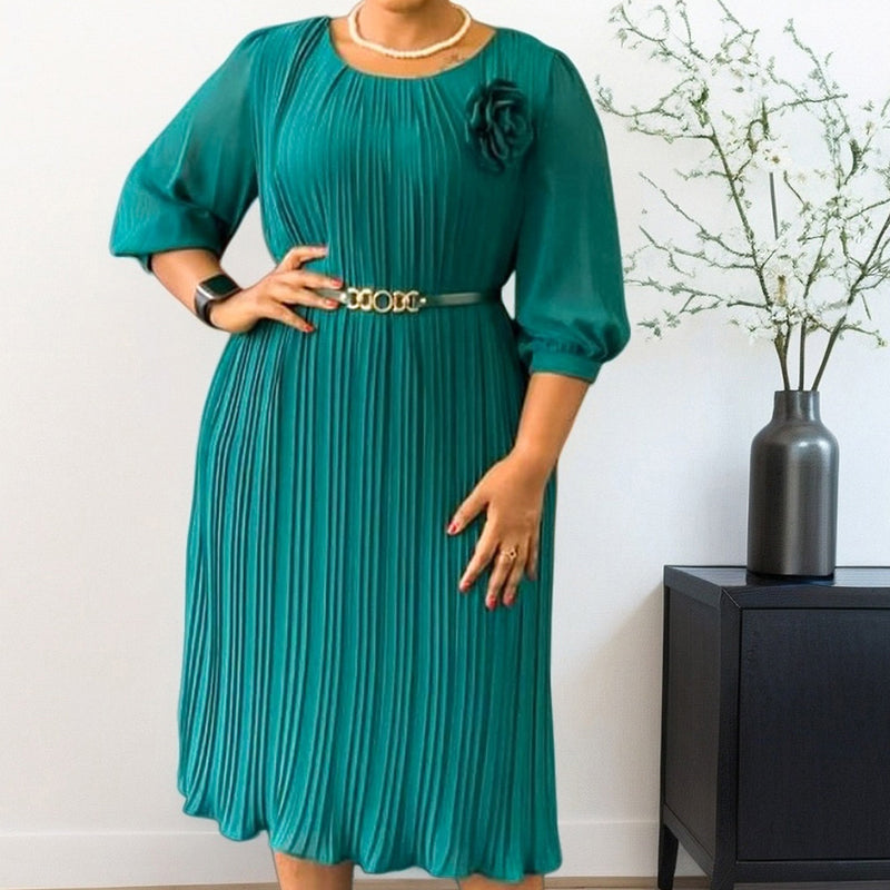 Women's 3/4 Sleeve Pleated Midi Dress with Belt