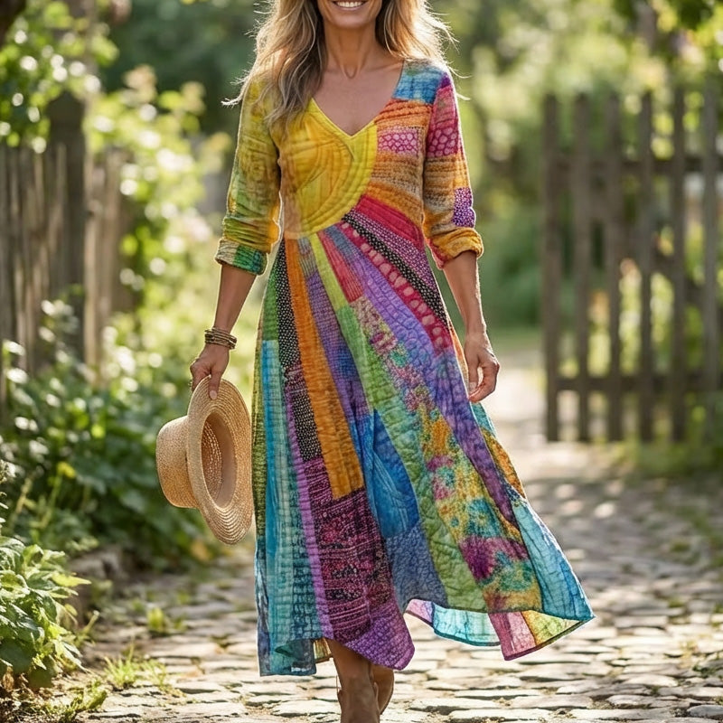 Women's V Neck Patchwork Print Dress