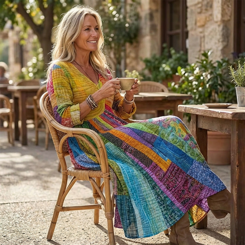 Women's V Neck Patchwork Print Dress