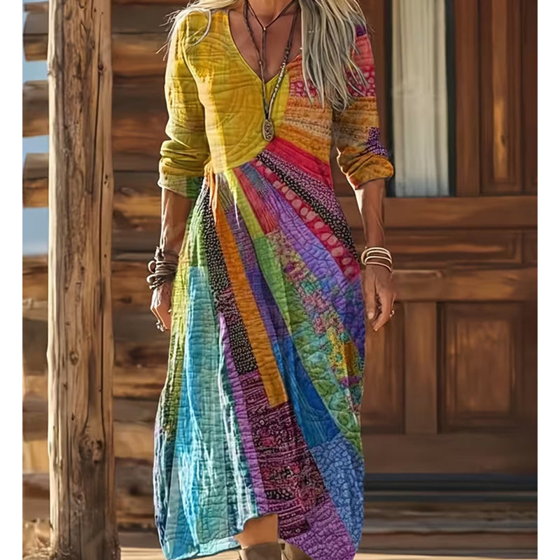 Women's V Neck Patchwork Print Dress