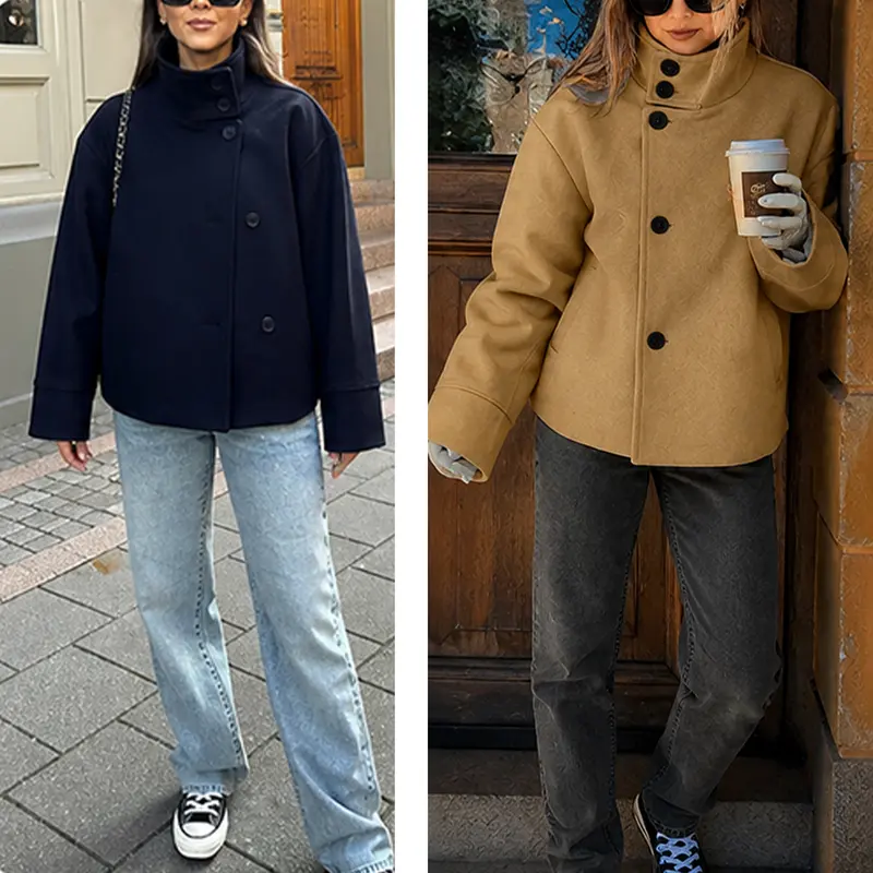 Women Wool Blend Oversized Stand Collar Pea Coat Cropped