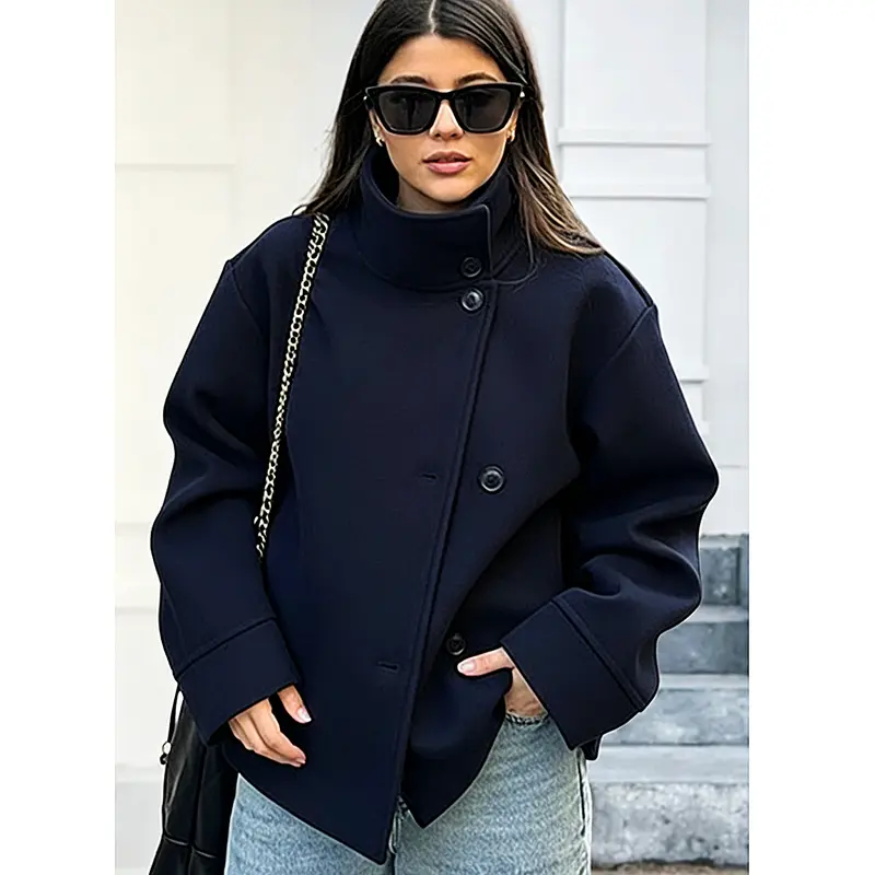 Women Wool Blend Oversized Stand Collar Pea Coat Cropped
