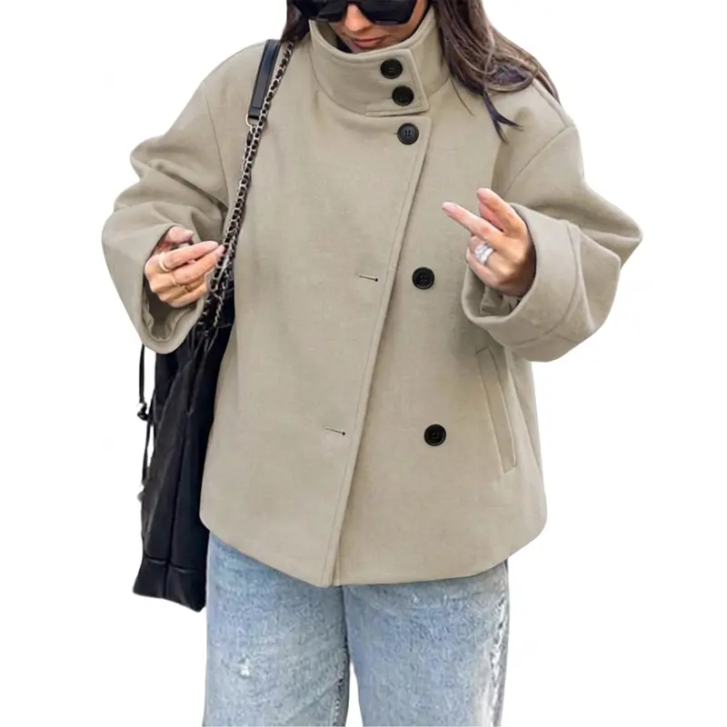 Women Wool Blend Oversized Stand Collar Pea Coat Cropped