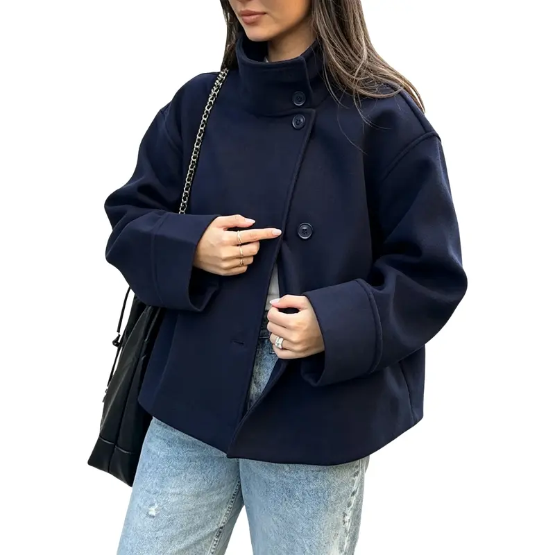 Women Wool Blend Oversized Stand Collar Pea Coat Cropped