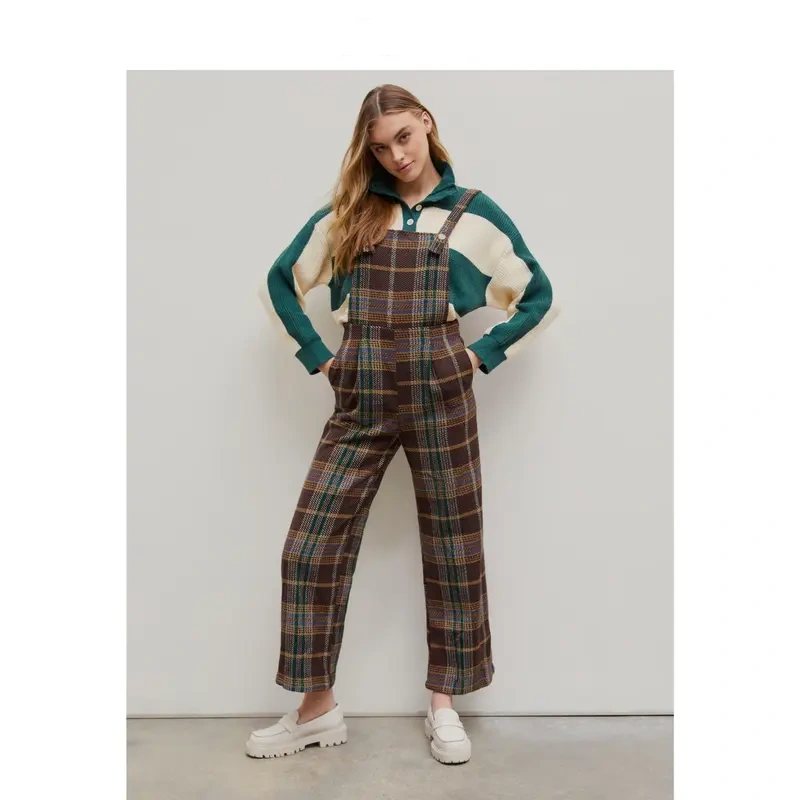 Women's Tweed Plaid Wide Leg Jumpsuit in 3 Colors