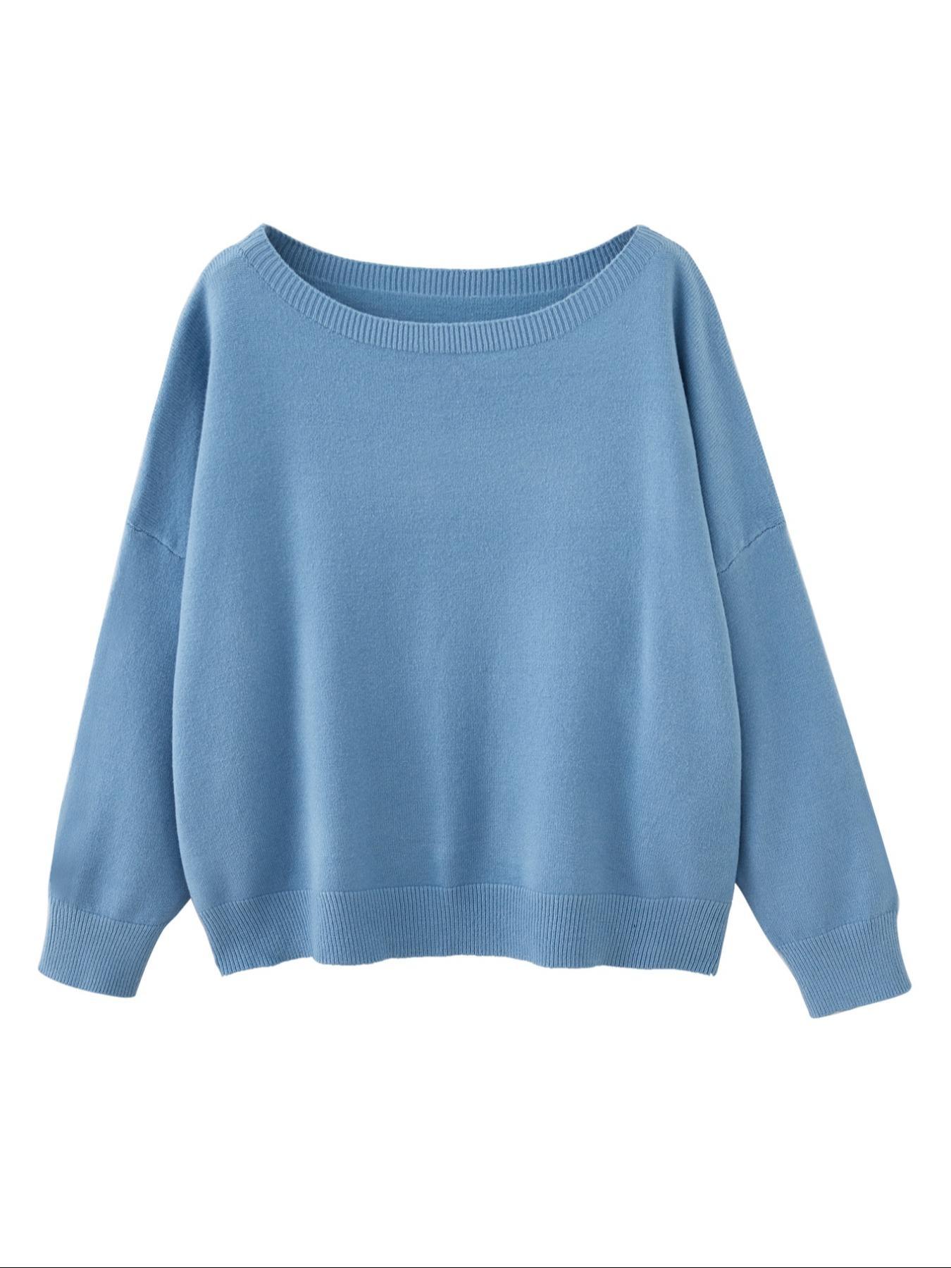 Women's Plain Scoop Neck Sweater Casual Long Sleeve Knit Top for Fall & Winter