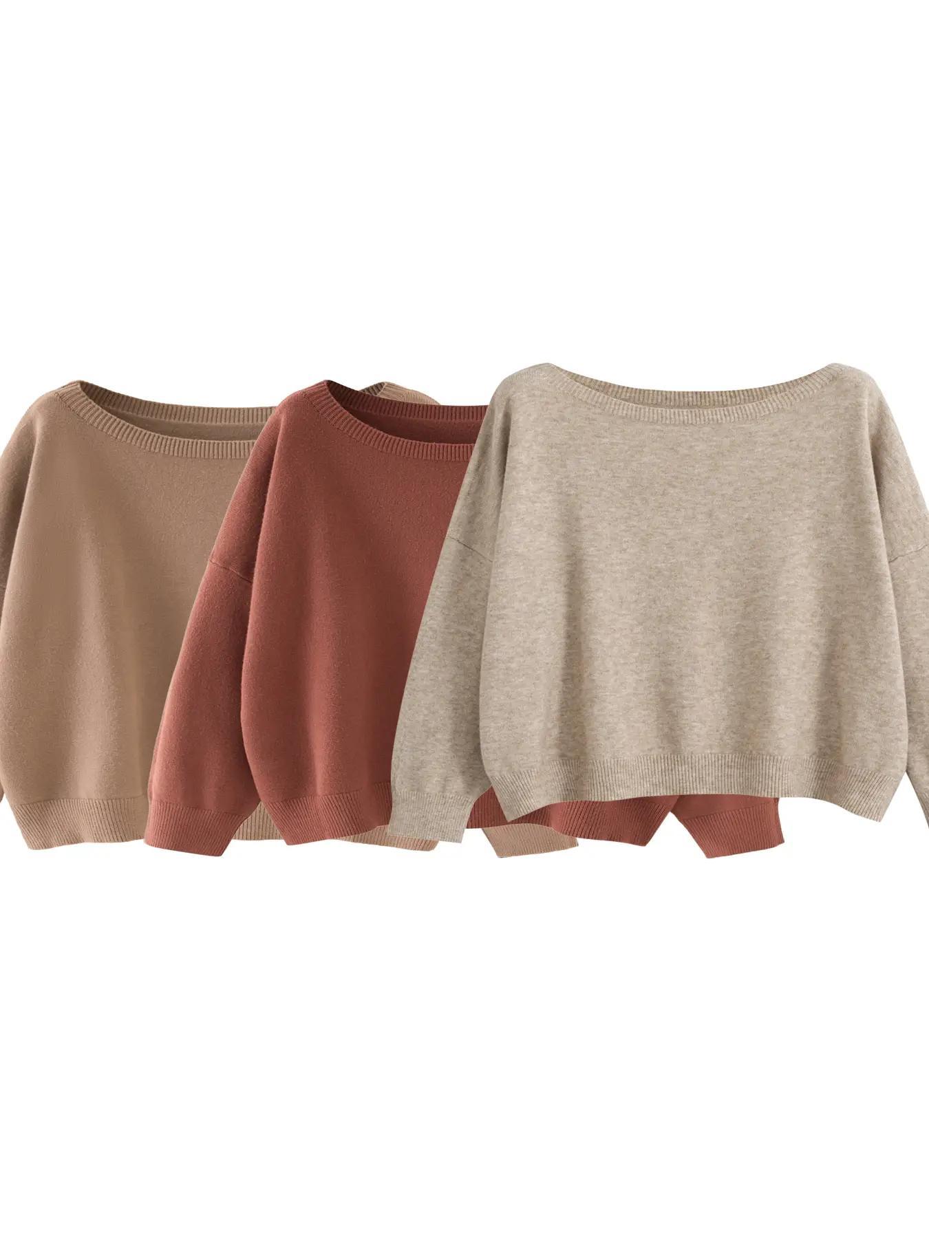 Women's Plain Scoop Neck Sweater Casual Long Sleeve Knit Top for Fall & Winter
