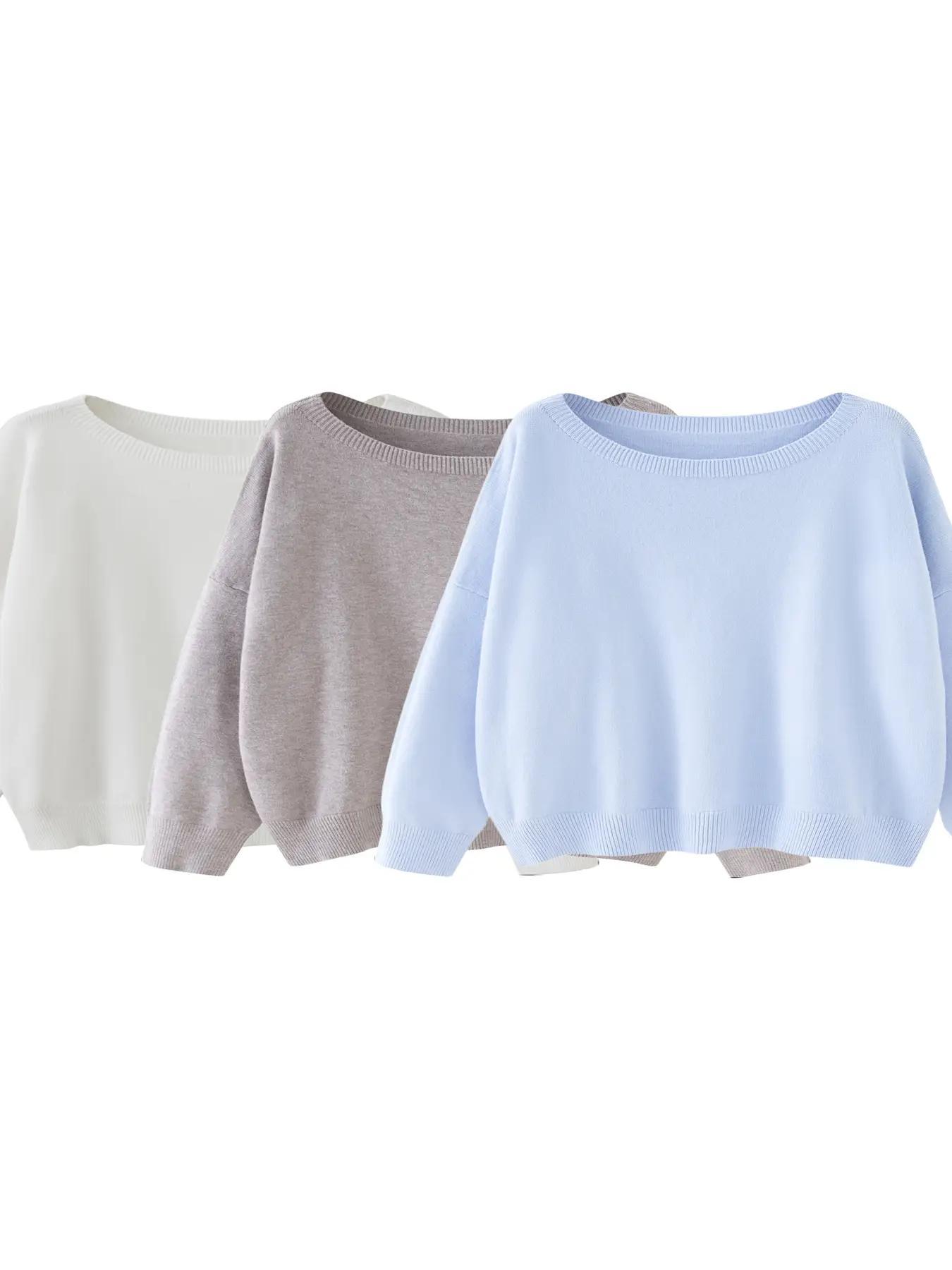 Women's Plain Scoop Neck Sweater Casual Long Sleeve Knit Top for Fall & Winter