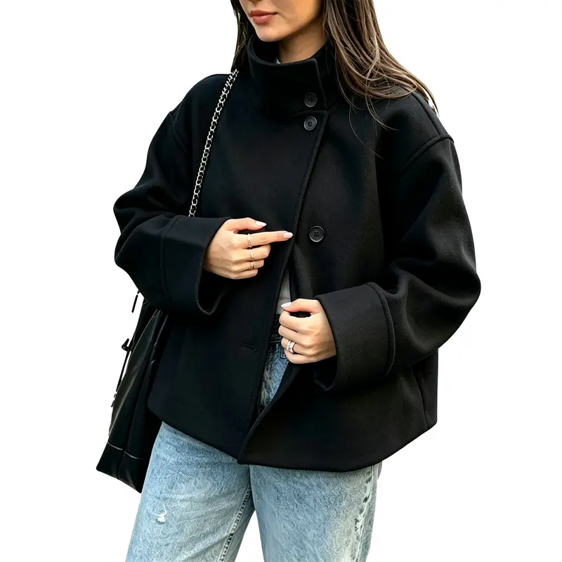 Women Wool Blend Oversized Stand Collar Pea Coat Cropped