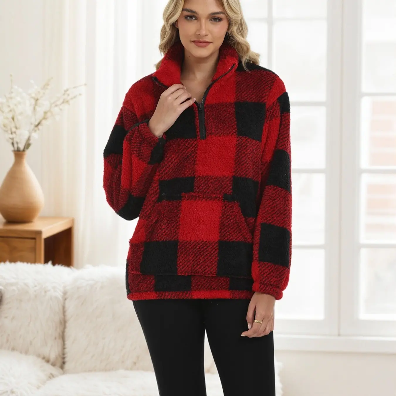 Women’s Autumn Winter Plaid Fleece Loose Top - Casual Warm Long Sleeve Sweatshirt
