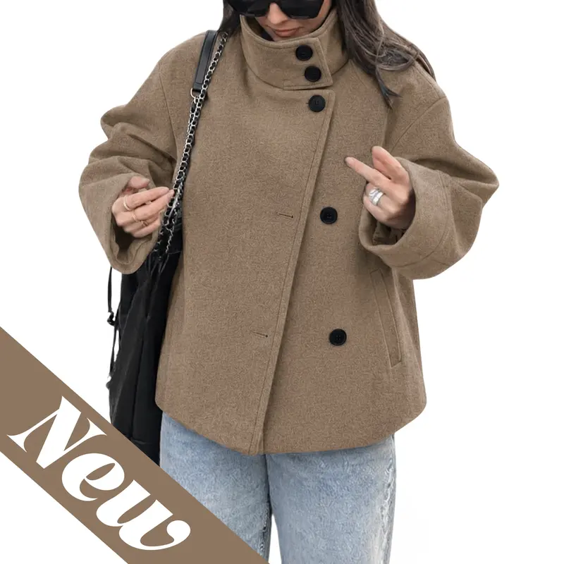 Women Wool Blend Oversized Stand Collar Pea Coat Cropped