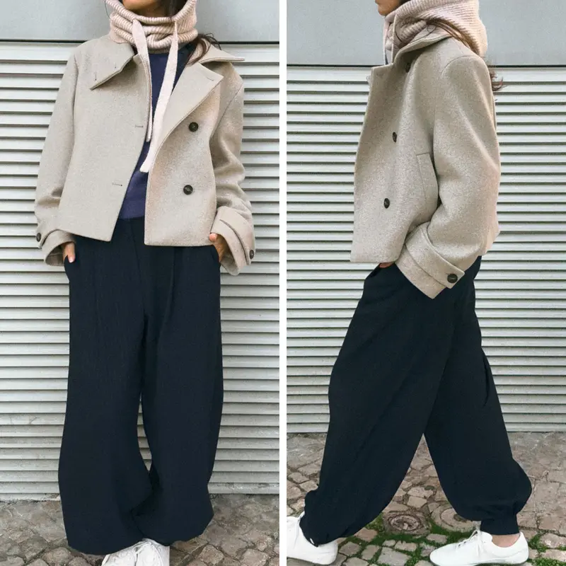 Women Wool Blend Oversized Stand Collar Pea Coat Cropped