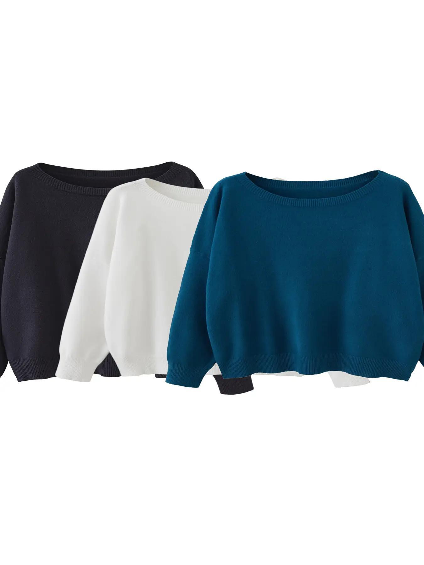 Women's Plain Scoop Neck Sweater Casual Long Sleeve Knit Top for Fall & Winter