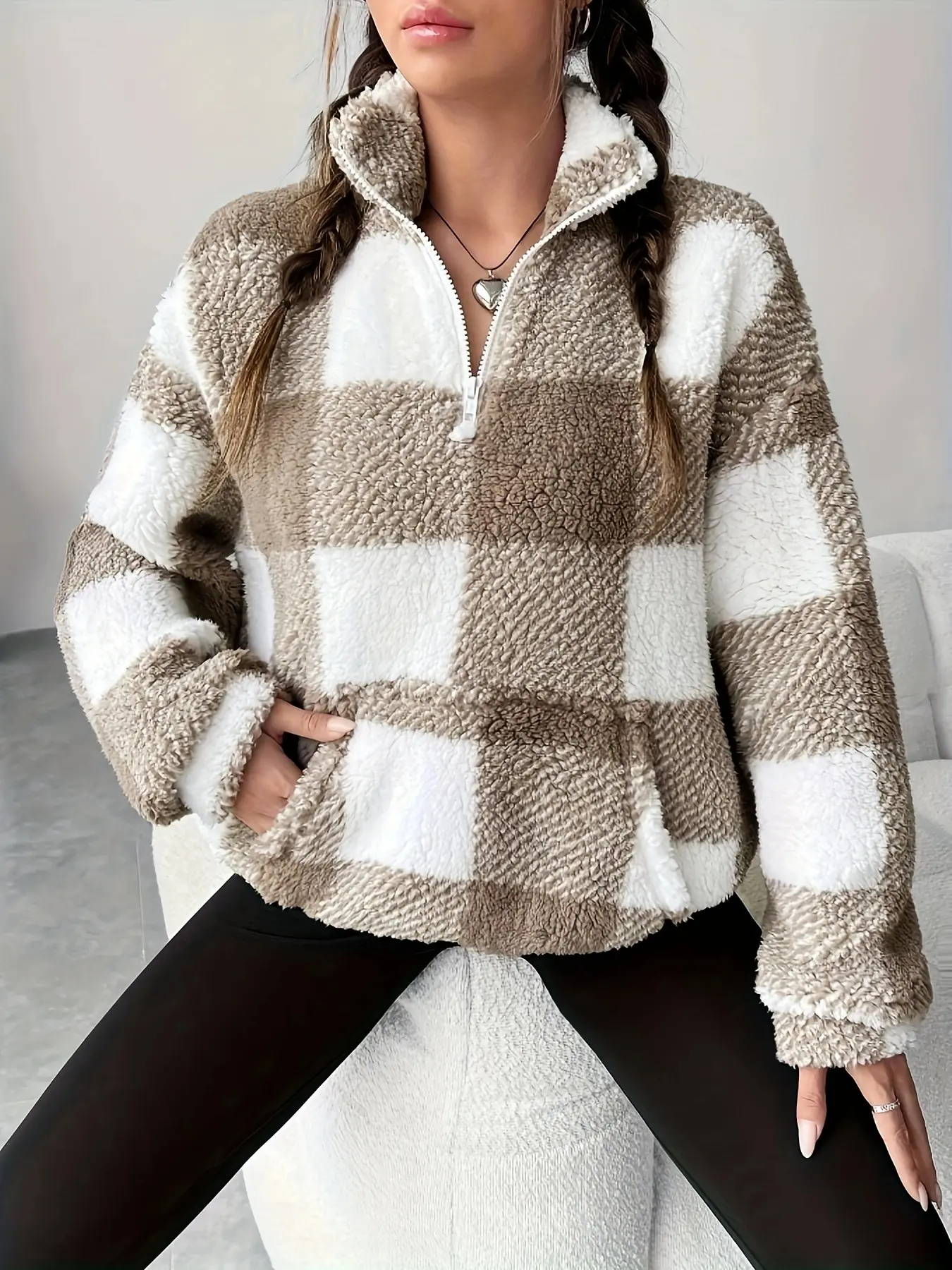 Women’s Autumn Winter Plaid Fleece Loose Top - Casual Warm Long Sleeve Sweatshirt