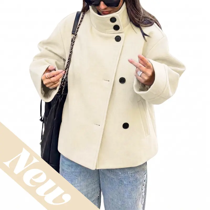 Women Wool Blend Oversized Stand Collar Pea Coat Cropped