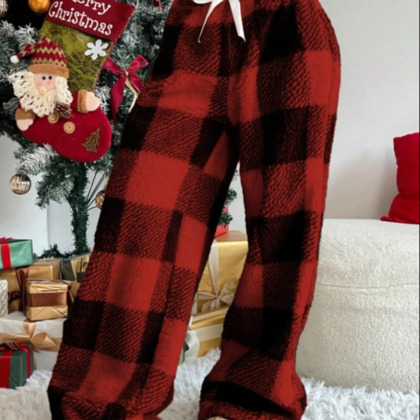 Women’s Autumn Winter Plaid Fleece Loose Top - Casual Warm Long Sleeve Sweatshirt