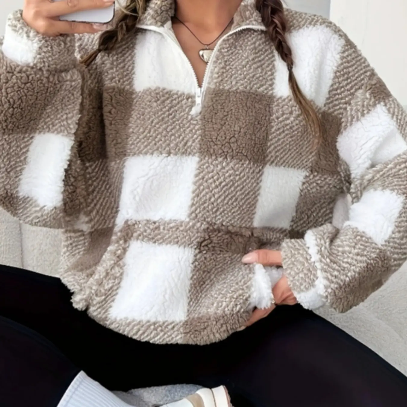 Women’s Autumn Winter Plaid Fleece Loose Top - Casual Warm Long Sleeve Sweatshirt