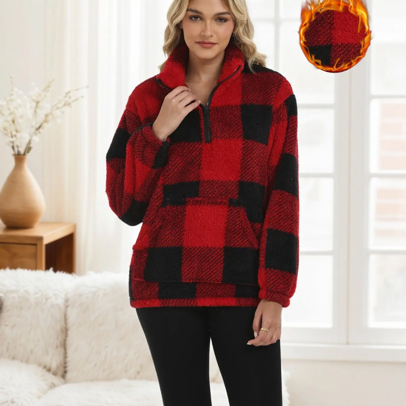 Women’s Autumn Winter Plaid Fleece Loose Top - Casual Warm Long Sleeve Sweatshirt